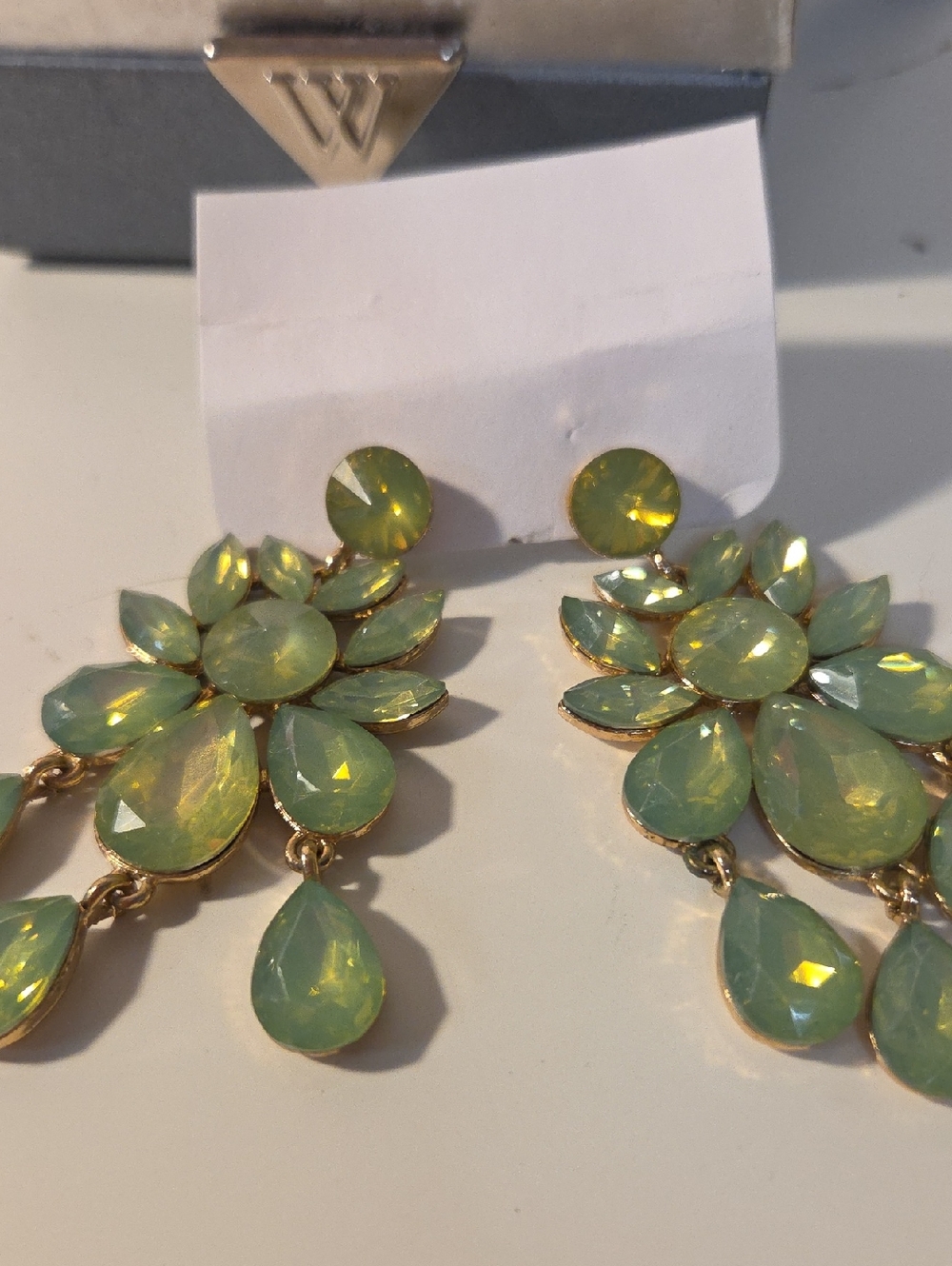 Gold-Tone Green Teardrop Statement Earrings - Elegant Floral Chandelier